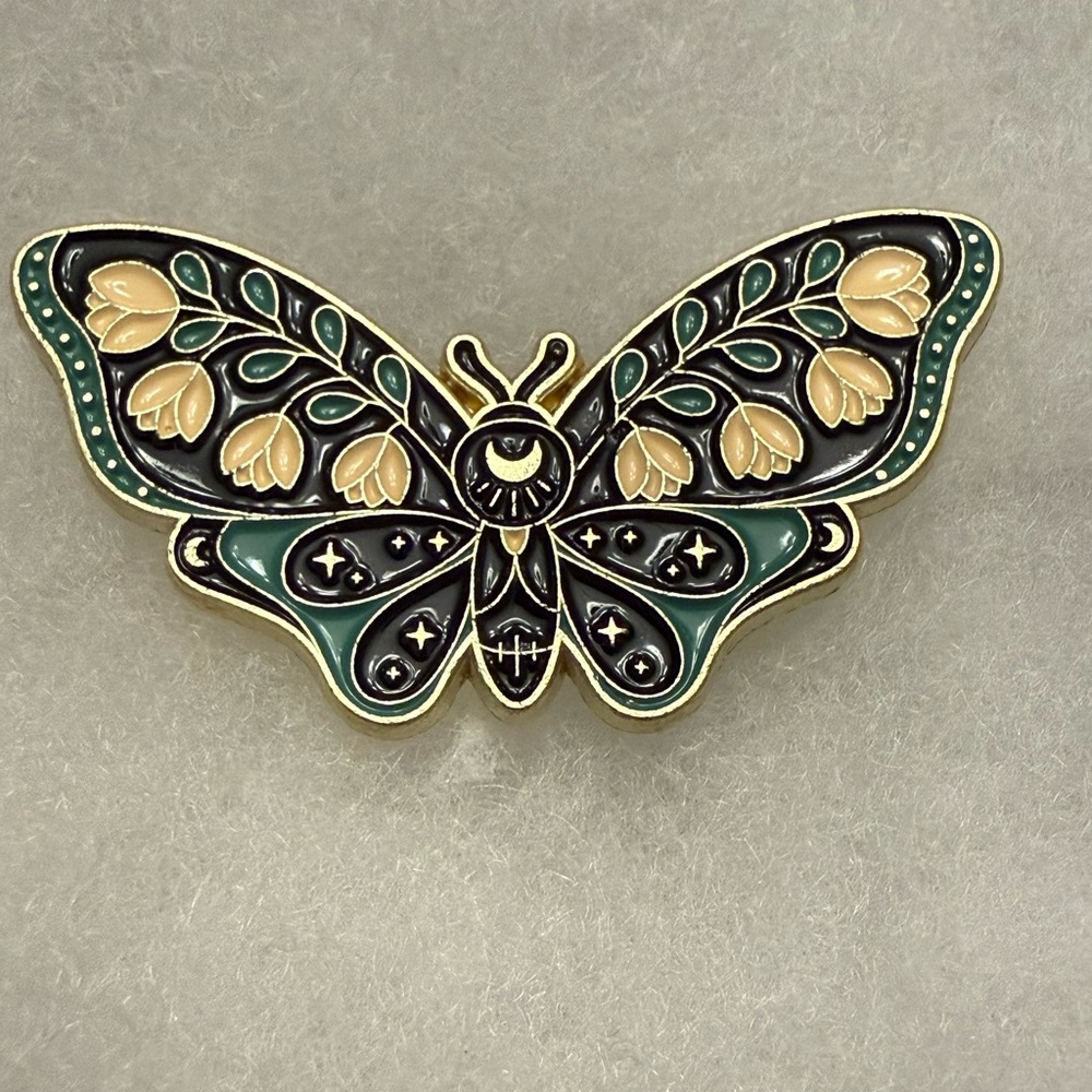 EUC Lunar Moth Tulips Floral Moon Stars Gold Tone Enamel Brooch Pin